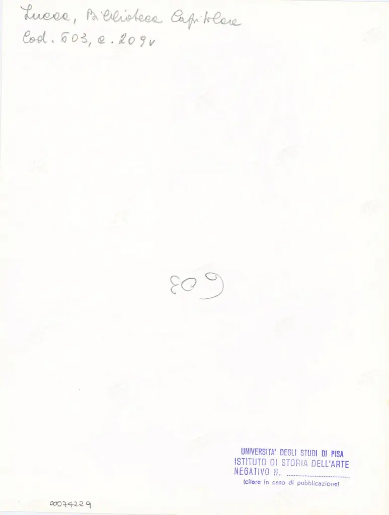 Universit&agrave; di Pisa. Dipartimento di Storia delle Arti , Anonimo italiano - sec. XII, inizio - Lucca, Biblioteca Capitolare Feliniana, Ms. 601, f. 209v, particolare , retro