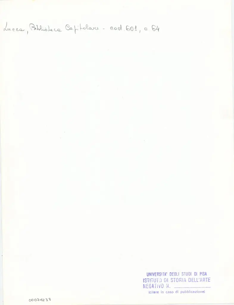 Universit&agrave; di Pisa. Dipartimento di Storia delle Arti , Anonimo italiano - sec. XII, met&agrave; - Lucca, Biblioteca Capitolare Feliniana, Ms. 601, f. 64r, particolare , retro