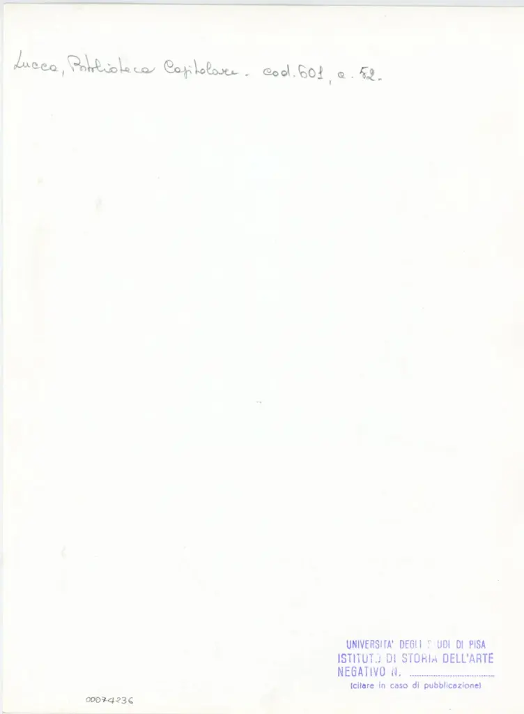 Universit&agrave; di Pisa. Dipartimento di Storia delle Arti , Anonimo italiano - sec. XII, met&agrave; - Lucca, Biblioteca Capitolare Feliniana, Ms. 601, f. 52r, particolare , retro