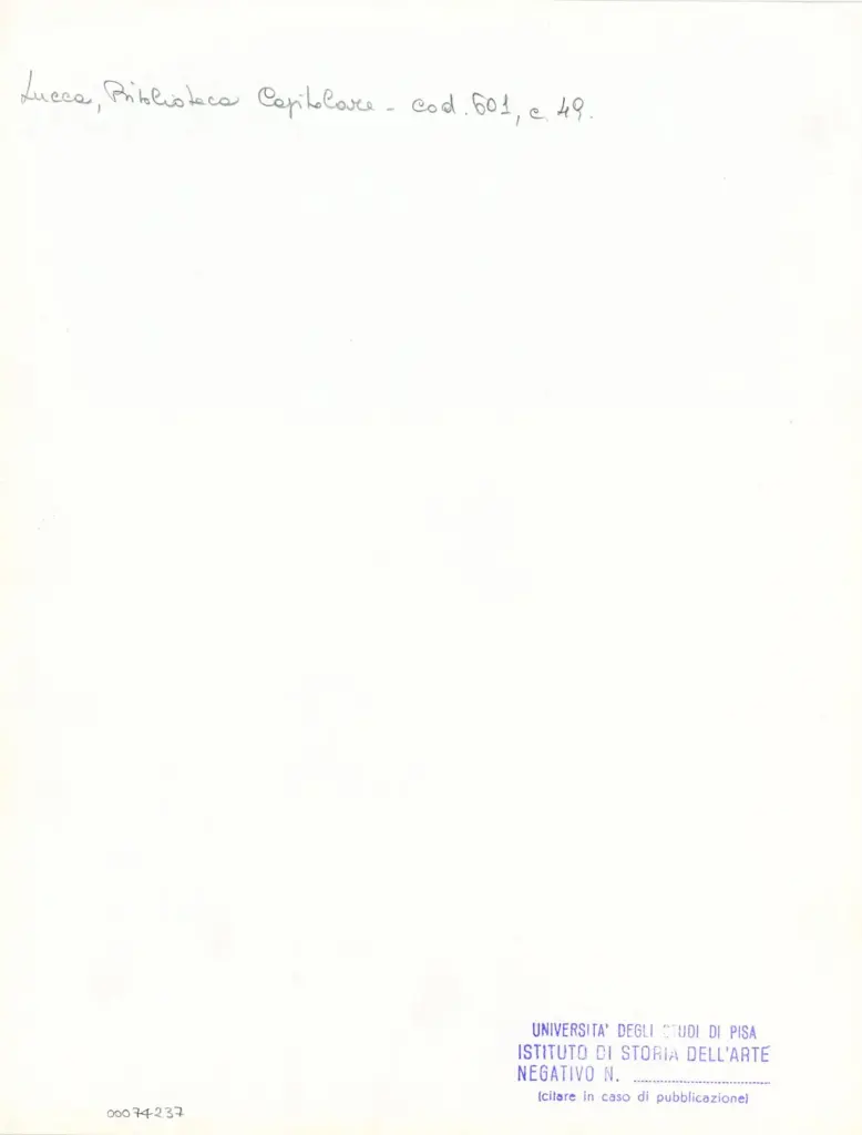 Universit&agrave; di Pisa. Dipartimento di Storia delle Arti , Anonimo italiano - sec. XII, met&agrave; - Lucca, Biblioteca Capitolare Feliniana, Ms. 601, f. 49r, particolare , retro