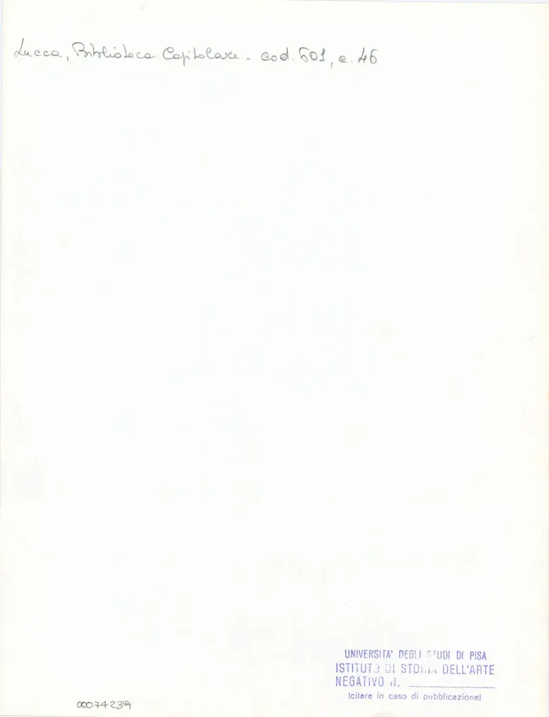 Universit&agrave; di Pisa. Dipartimento di Storia delle Arti , Anonimo italiano - sec. XII, met&agrave; - Lucca, Biblioteca Capitolare Feliniana, Ms. 601, f. 46r, particolare , retro