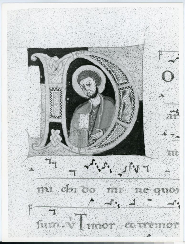 Anonimo italiano sec. XII , Iniziale D, Iniziale abitata, Santo, Motivi decorativi geometrici