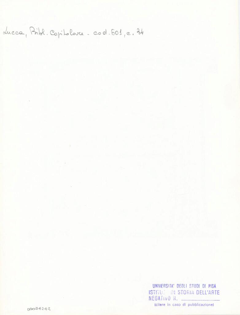Università di Pisa. Dipartimento di Storia delle Arti , Anonimo italiano - sec. XII, metà - Lucca, Biblioteca Capitolare Feliniana, Ms. 601, f. 34r, particolare , retro