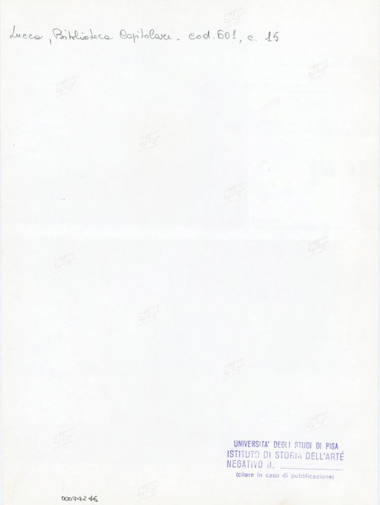 Università di Pisa. Dipartimento di Storia delle Arti , Anonimo italiano - sec. XII, metà - Lucca, Biblioteca Capitolare Feliniana, Ms. 601, f. 15r, particolare , retro