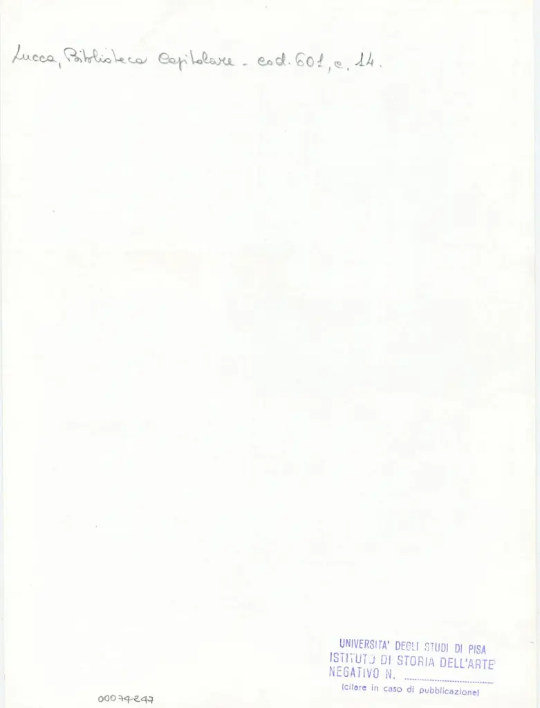 Universit&agrave; di Pisa. Dipartimento di Storia delle Arti , Anonimo italiano - sec. XII, met&agrave; - Lucca, Biblioteca Capitolare Feliniana, Ms. 601, f. 14r, particolare , retro