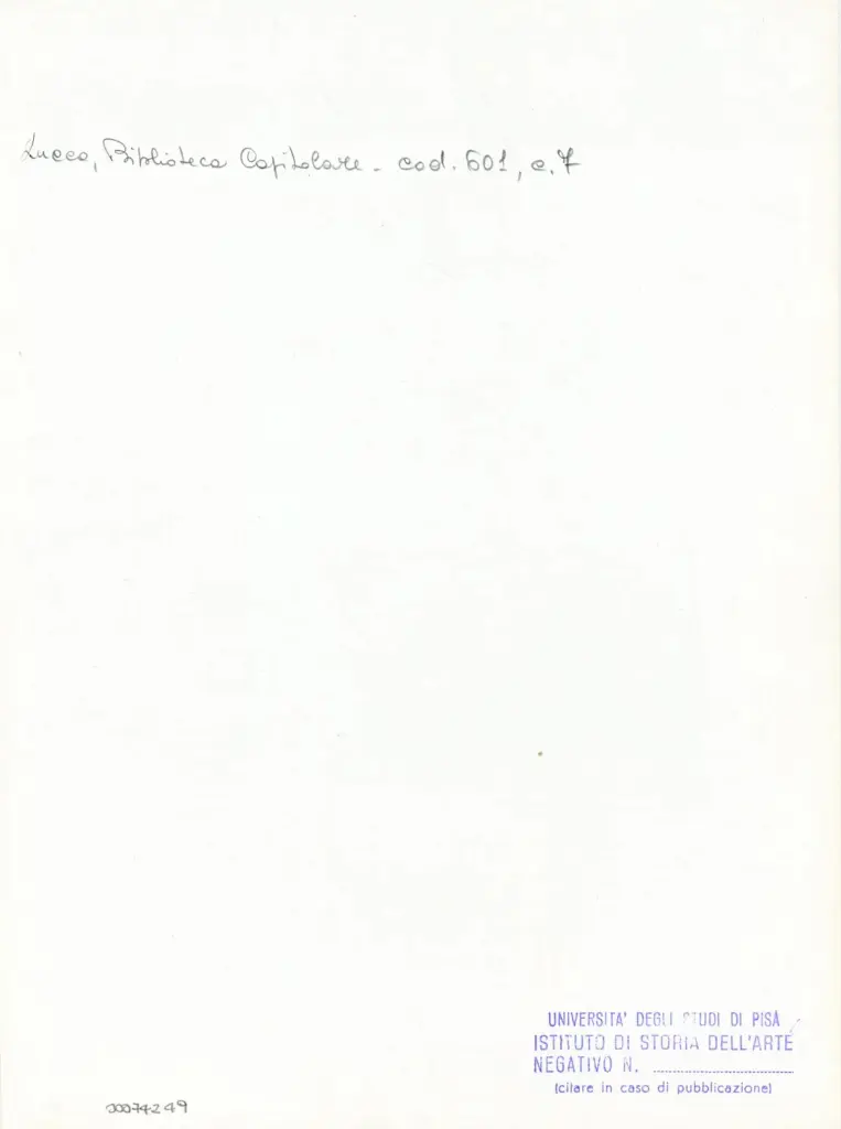 Universit&agrave; di Pisa. Dipartimento di Storia delle Arti , Anonimo italiano - sec. XII, met&agrave; - Lucca, Biblioteca Capitolare Feliniana, Ms. 601, f. 7r, particolare , retro