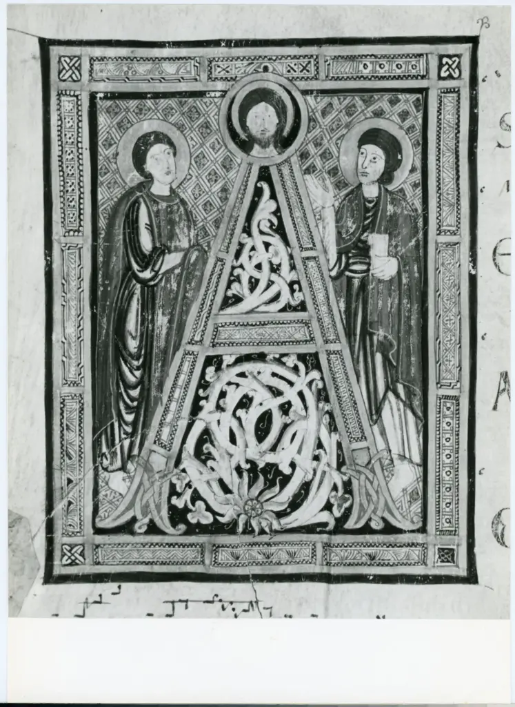 Anonimo italiano sec. XII , Iniziale A, Iniziale decorata, Cristo Pantocratore, Due santi, Motivo decorativo con losanga e motivi geometrici, Intreccio