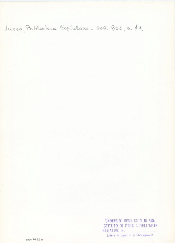 Università di Pisa. Dipartimento di Storia delle Arti , Anonimo italiano - sec. XII, metà - Lucca, Biblioteca Capitolare Feliniana, Ms. 601, f. 1v, particolare , retro