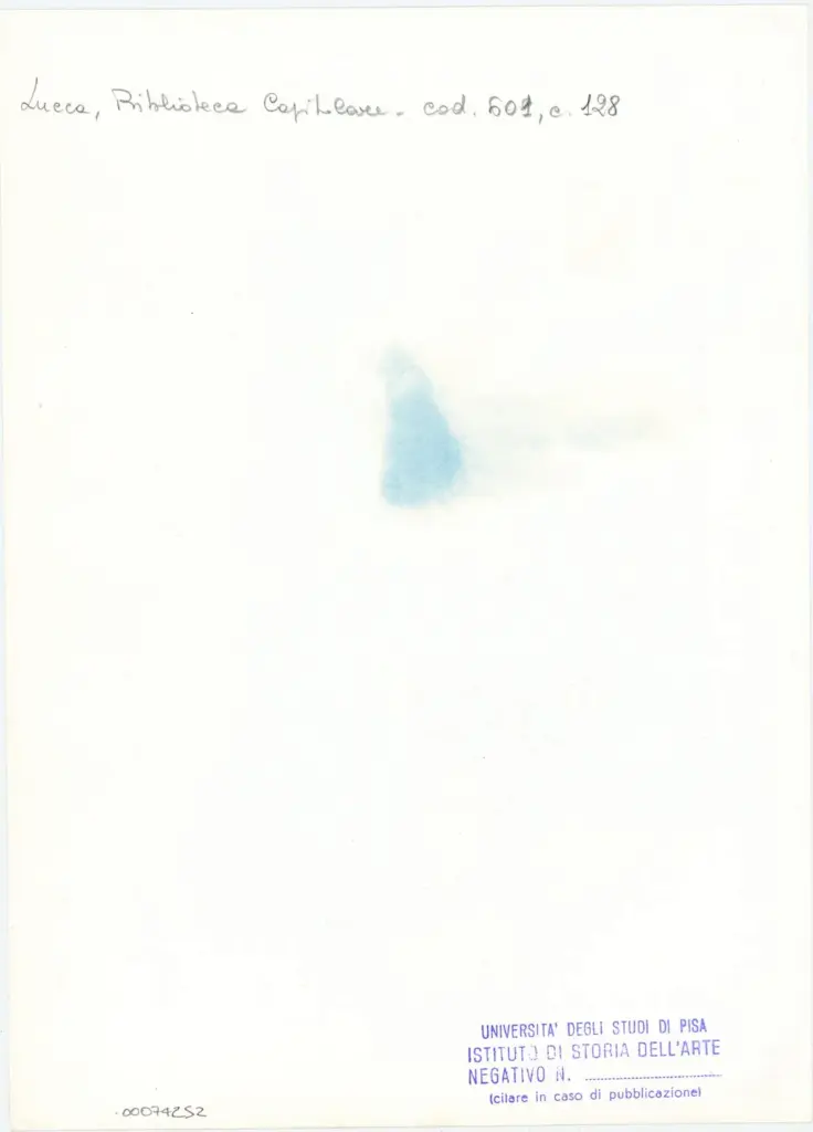 Università di Pisa. Dipartimento di Storia delle Arti , Anonimo italiano - sec. XII, metà - Lucca, Biblioteca Capitolare Feliniana, Ms. 601, f. 128r, particolare , retro