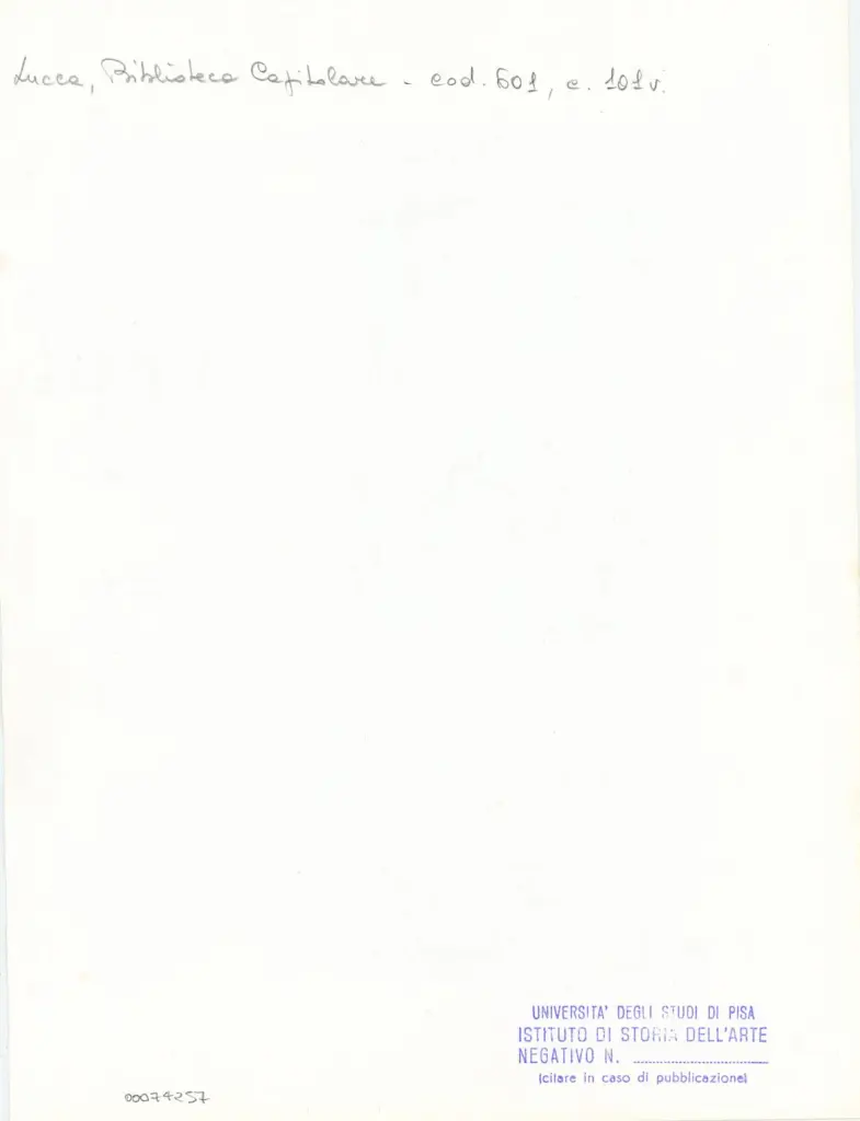 Universit&agrave; di Pisa. Dipartimento di Storia delle Arti , Anonimo italiano - sec. XII, met&agrave; - Lucca, Biblioteca Capitolare Feliniana, Ms. 601, f. 101v, patricolare , retro