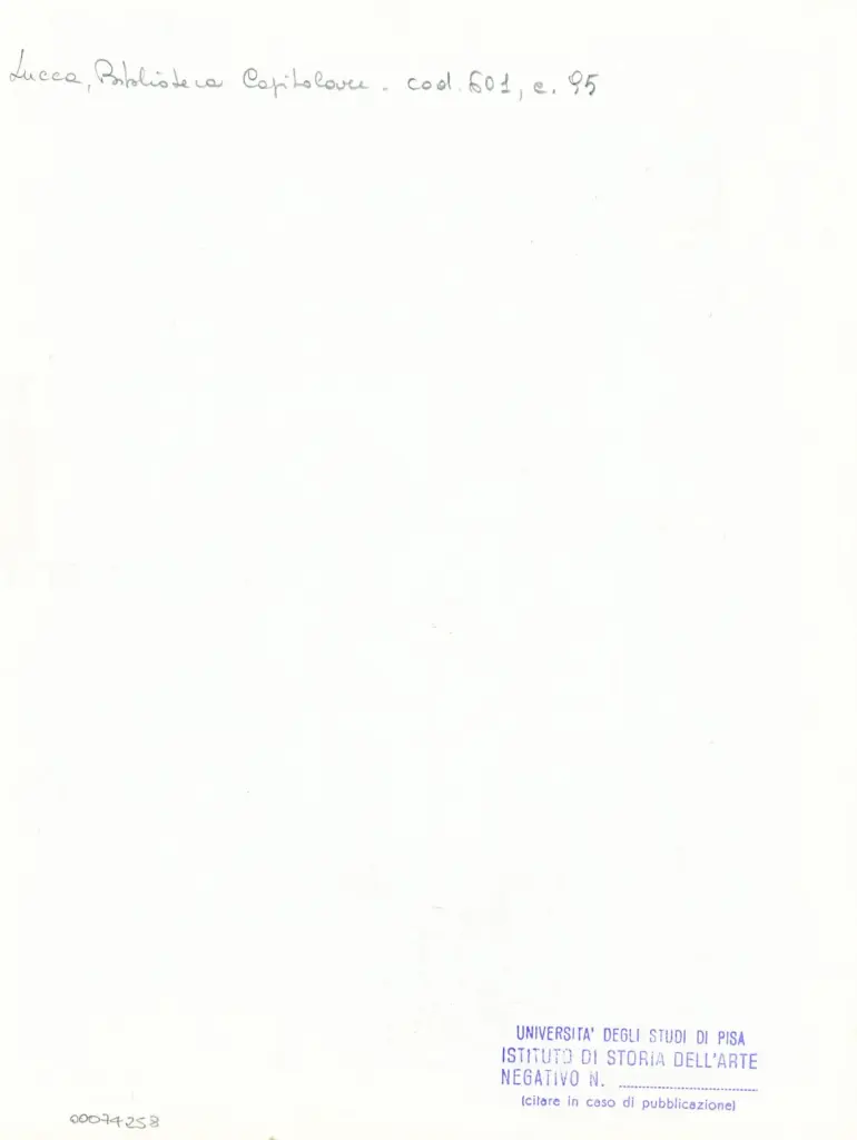 Universit&agrave; di Pisa. Dipartimento di Storia delle Arti , Anonimo italiano - sec. XII, met&agrave; - Lucca, Biblioteca Capitolare Feliniana, Ms. 601, f. 95r, particolare , retro