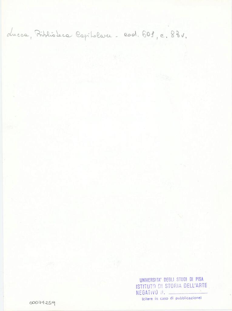 Università di Pisa. Dipartimento di Storia delle Arti , Anonimo italiano - sec. XII, metà - Lucca, Biblioteca Capitolare Feliniana, Ms. 601, f. 83v, particolare , retro