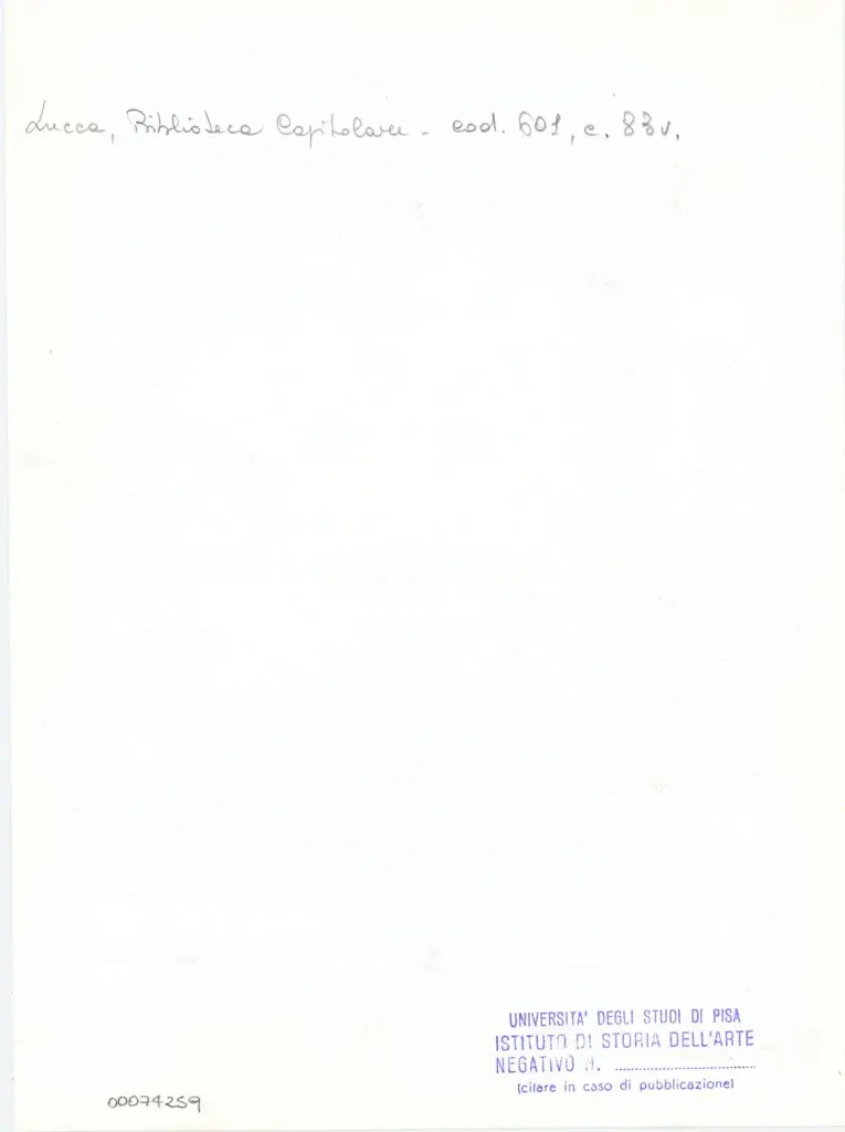 Universit&agrave; di Pisa. Dipartimento di Storia delle Arti , Anonimo italiano - sec. XII, met&agrave; - Lucca, Biblioteca Capitolare Feliniana, Ms. 601, f. 83v, particolare , retro