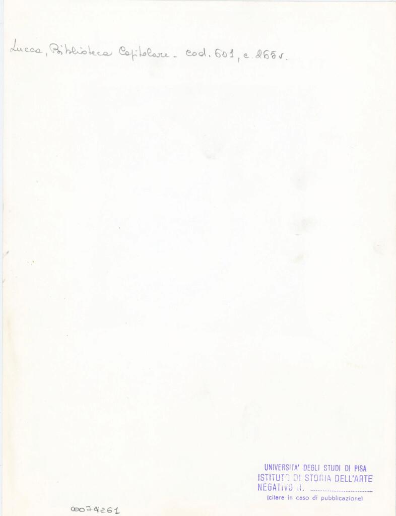 Università di Pisa. Dipartimento di Storia delle Arti , Anonimo italiano - sec. XII, metà - Lucca, Biblioteca Capitolare Feliniana, Ms. 601, f. 265v, particolare , retro