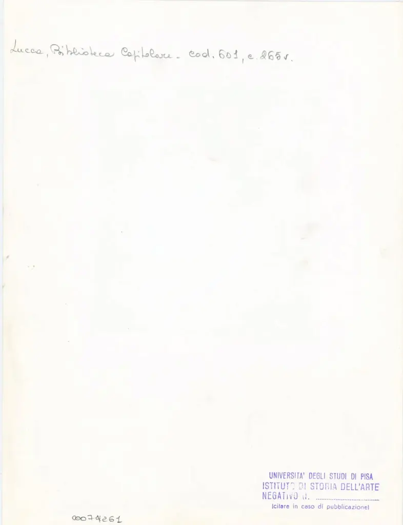 Universit&agrave; di Pisa. Dipartimento di Storia delle Arti , Anonimo italiano - sec. XII, met&agrave; - Lucca, Biblioteca Capitolare Feliniana, Ms. 601, f. 265v, particolare , retro