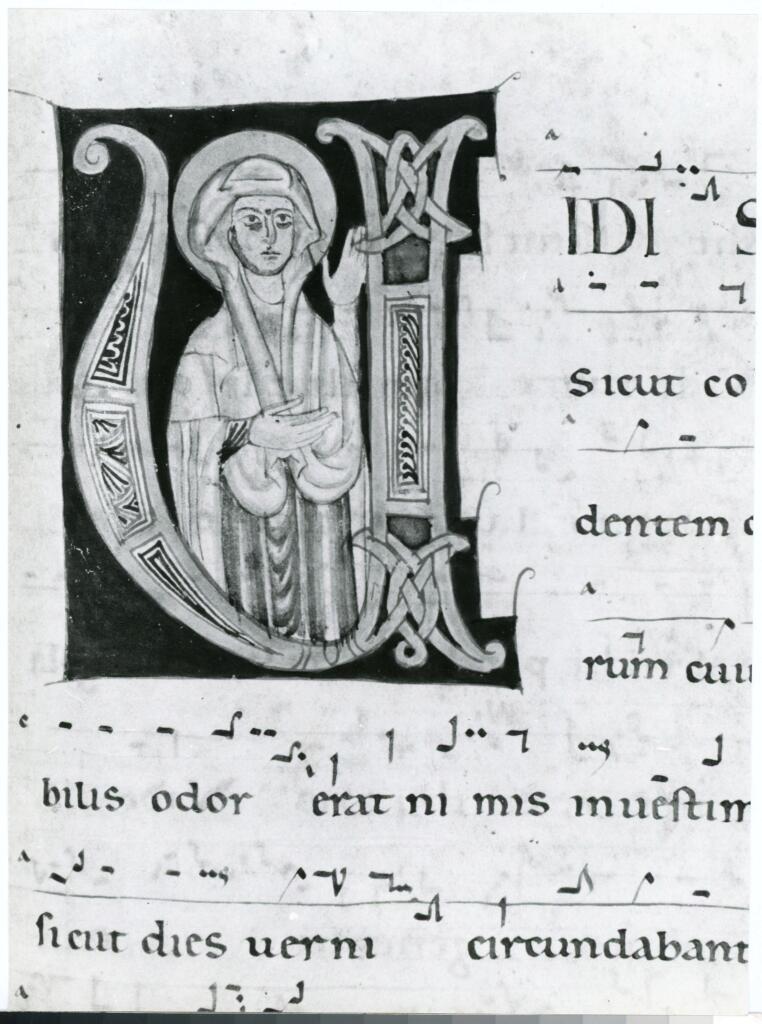 Anonimo italiano sec. XII , Iniziale V, Iniziale abitata, Maria Vergine, Motivi decorativi geometrici