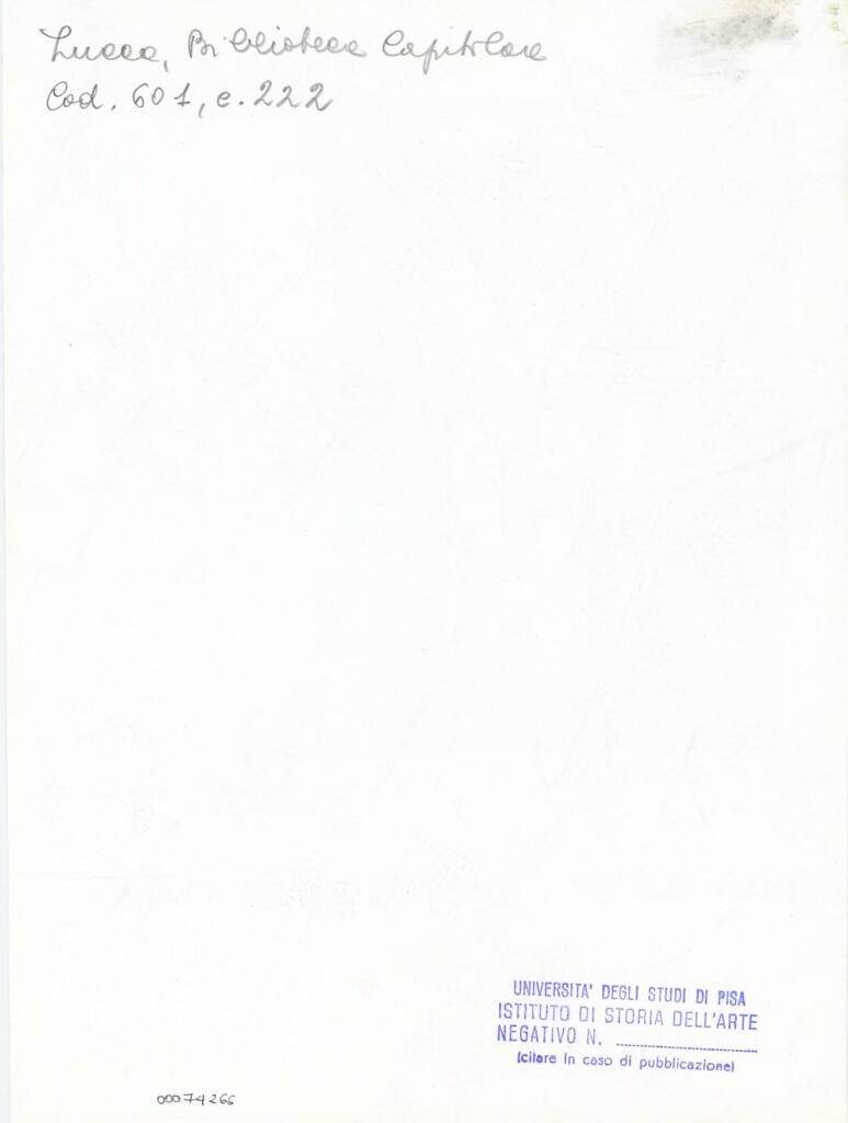 Università di Pisa. Dipartimento di Storia delle Arti , Anonimo italiano - sec. XII, metà - Lucca, Biblioteca Capitolare Feliniana, Ms. 601, f. 222r, particolare , retro