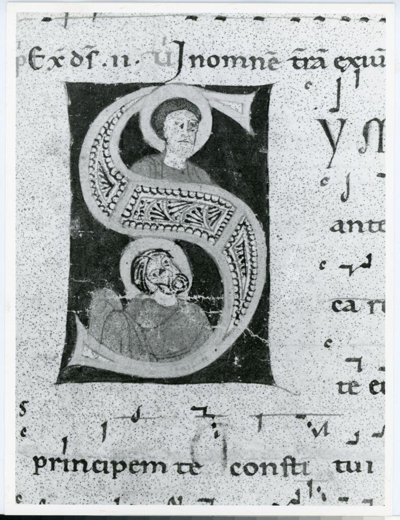 Anonimo italiano sec. XII , Iniziale S, Iniziale abitata, San Pietro e san Paolo, Motivi decorativi geometrici