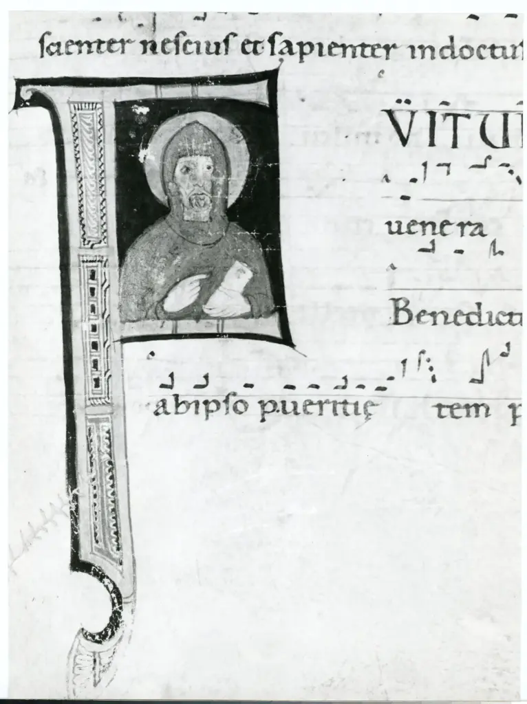 Anonimo italiano sec. XII , Iniziale F, Iniziale abitata, San Benedetto, Motivi decorativi geometrici