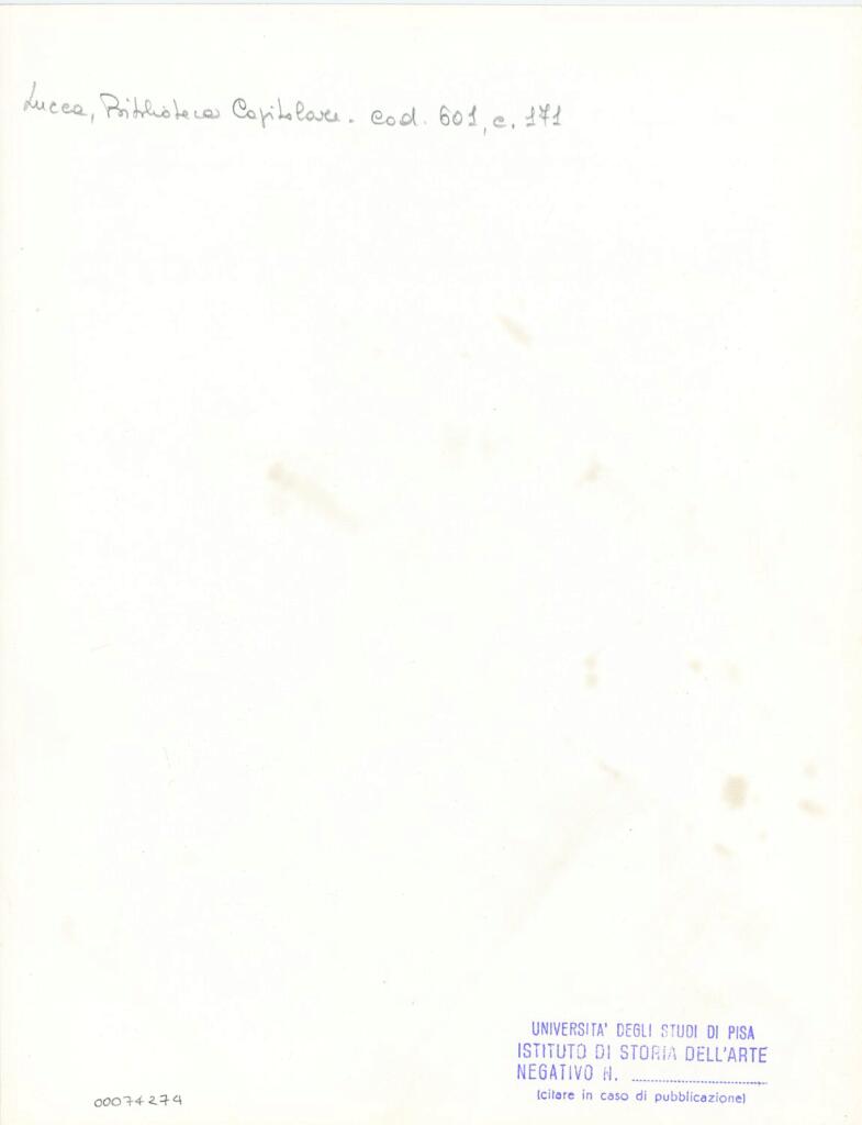 Università di Pisa. Dipartimento di Storia delle Arti , Anonimo italiano - sec. XII, metà - Lucca, Biblioteca Capitolare Feliniana, Ms. 601, f. 171r, particolare , retro