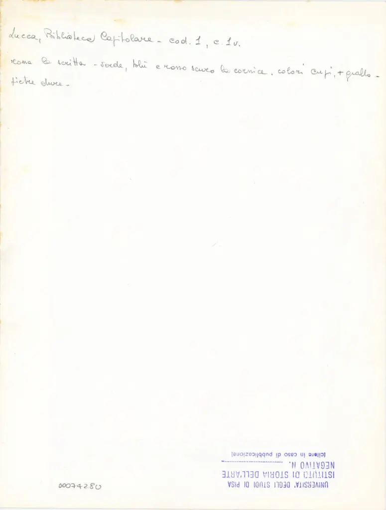 Università di Pisa. Dipartimento di Storia delle Arti , Marco di Berlinghiero - sec. XIII, metà - Lucca, Biblioteca Capitolare Feliniana, Ms. 1, f. 1v, intero , retro