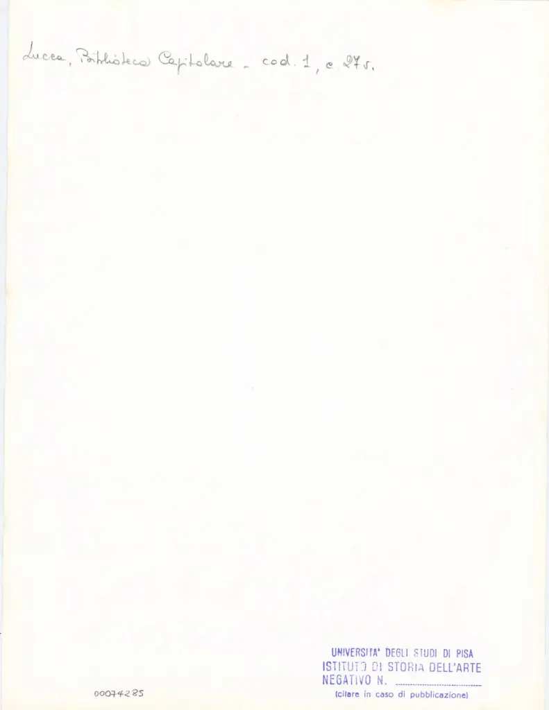 Universit&agrave; di Pisa. Dipartimento di Storia delle Arti , Marco di Berlinghiero - sec. XIII, met&agrave; - Lucca, Biblioteca Capitolare Feliniana, Ms. 1, f. 27v, particolare , retro