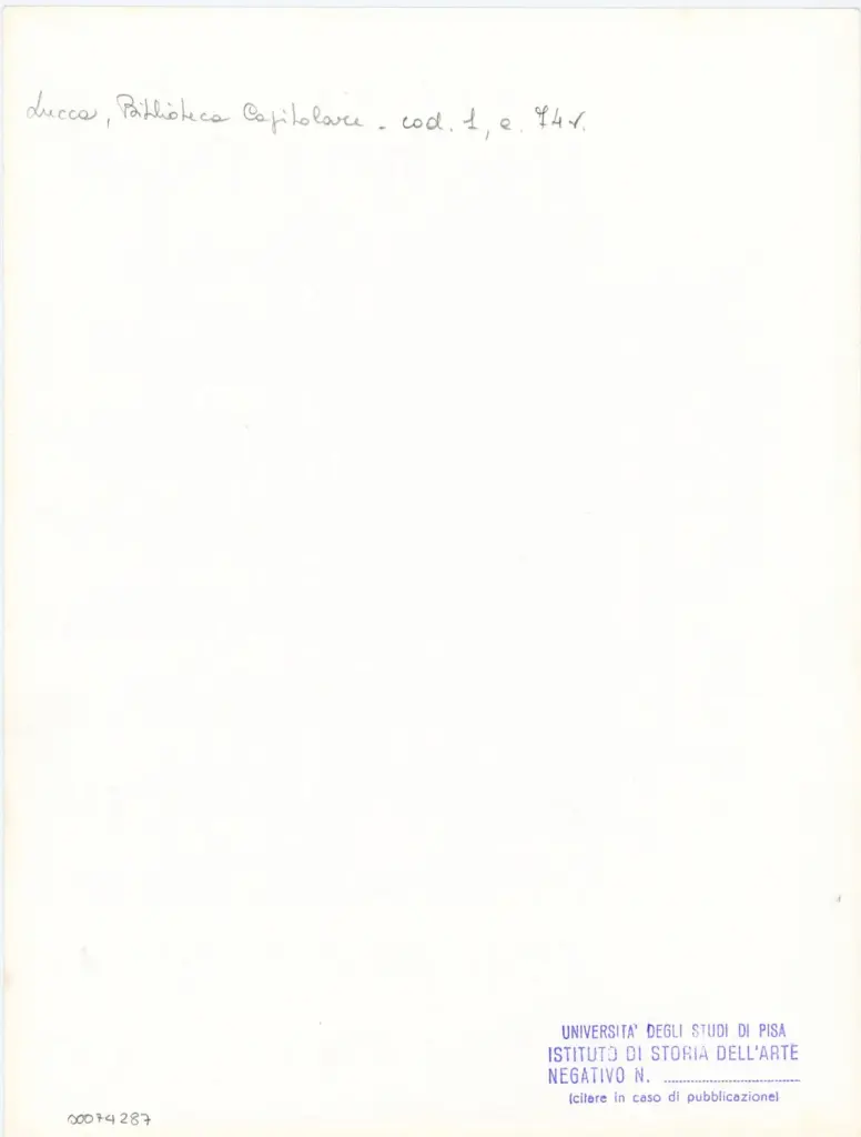 Universit&agrave; di Pisa. Dipartimento di Storia delle Arti , Marco di Berlinghiero - sec. XIII, met&agrave; - Lucca, Biblioteca Capitolare Feliniana, Ms. 1, f. 75v, particolare , retro