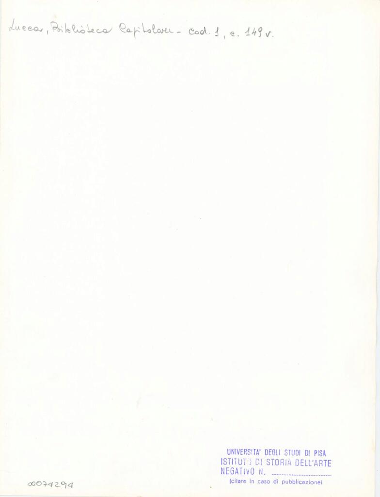 Università di Pisa. Dipartimento di Storia delle Arti , Marco di Berlinghiero - sec. XIII, metà - Lucca, Biblioteca Capitolare Feliniana, Ms. 1, f. 150v, particolare , retro