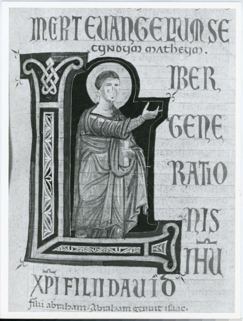 Marco di Berlinghiero , Iniziale L, Iniziale abitata, Motivi decorativi geometrici, Intreccio, San Matteo Evangelista
