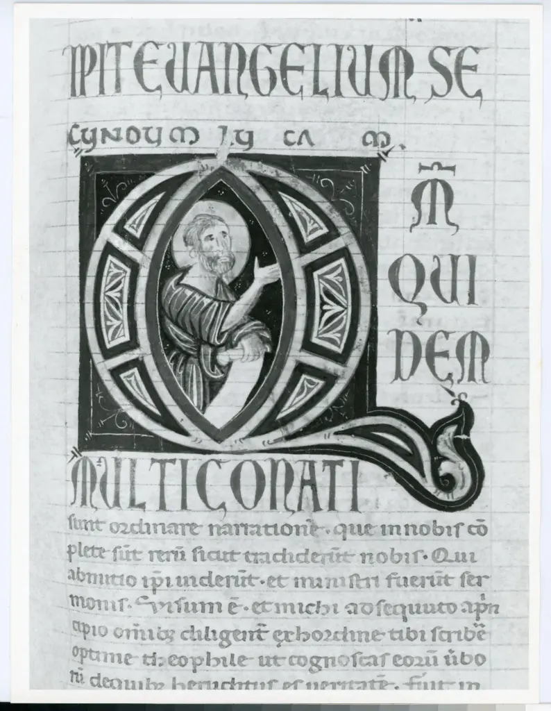 Marco di Berlinghiero , Iniziale Q, Iniziale abitata, Motivi decorativi geometrici e vegetali, San Luca Evangelista