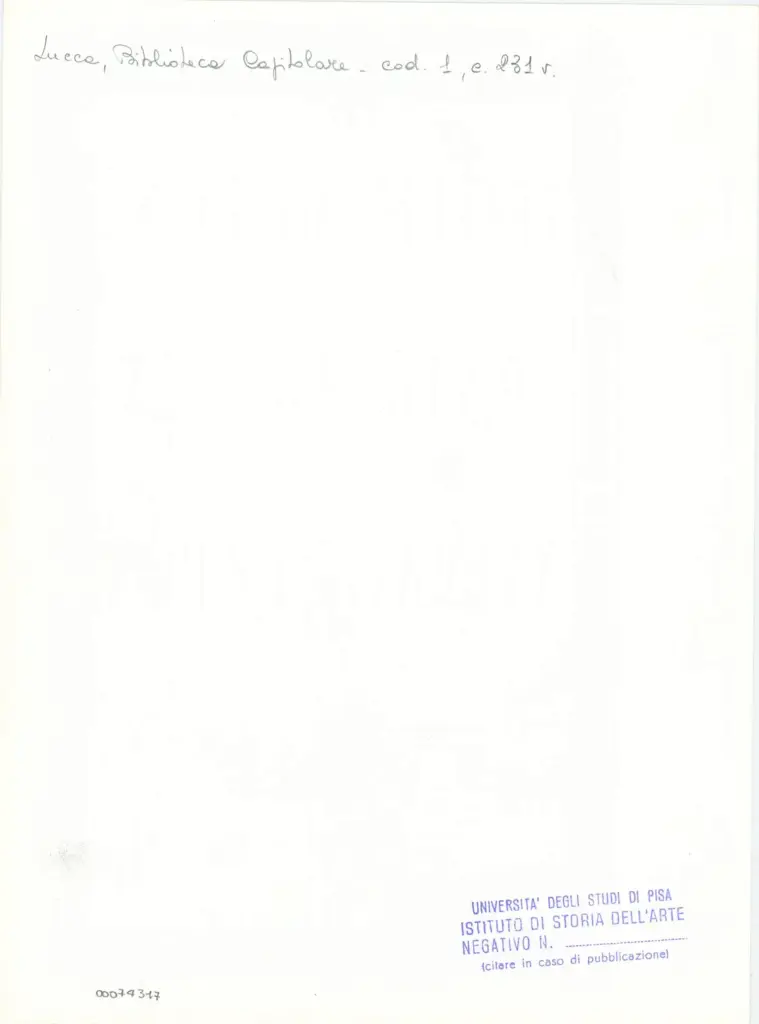 Universit&agrave; di Pisa. Dipartimento di Storia delle Arti , Marco di Berlinghiero - sec. XIII, met&agrave; - Lucca, Biblioteca Capitolare Feliniana, Ms. 1, f. 233v, intero , retro