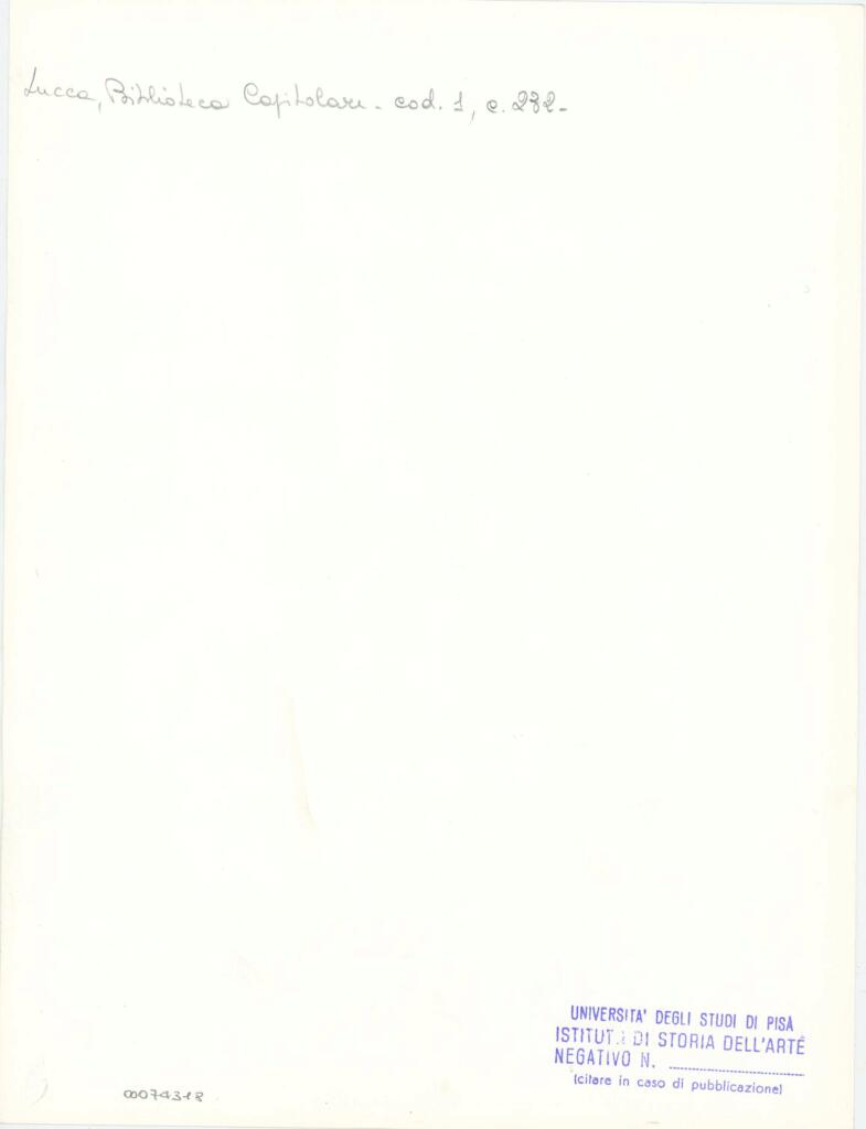 Università di Pisa. Dipartimento di Storia delle Arti , Marco di Berlinghiero - sec. XIII, metà - Lucca, Biblioteca Capitolare Feliniana, Ms. 1, f. 234r, particolare , retro