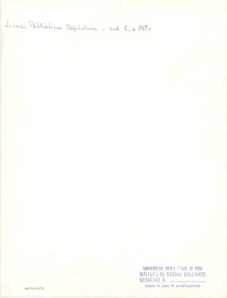 Universit&agrave; di Pisa. Dipartimento di Storia delle Arti , Marco di Berlinghiero - sec. XIII, met&agrave; - Lucca, Biblioteca Capitolare Feliniana, Ms. 1, f. 239v, particolare , retro
