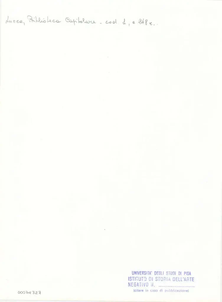 Universit&agrave; di Pisa. Dipartimento di Storia delle Arti , Marco di Berlinghiero - sec. XIII, met&agrave; - Lucca, Biblioteca Capitolare Feliniana, Ms. 1, f. 250r, particolare , retro