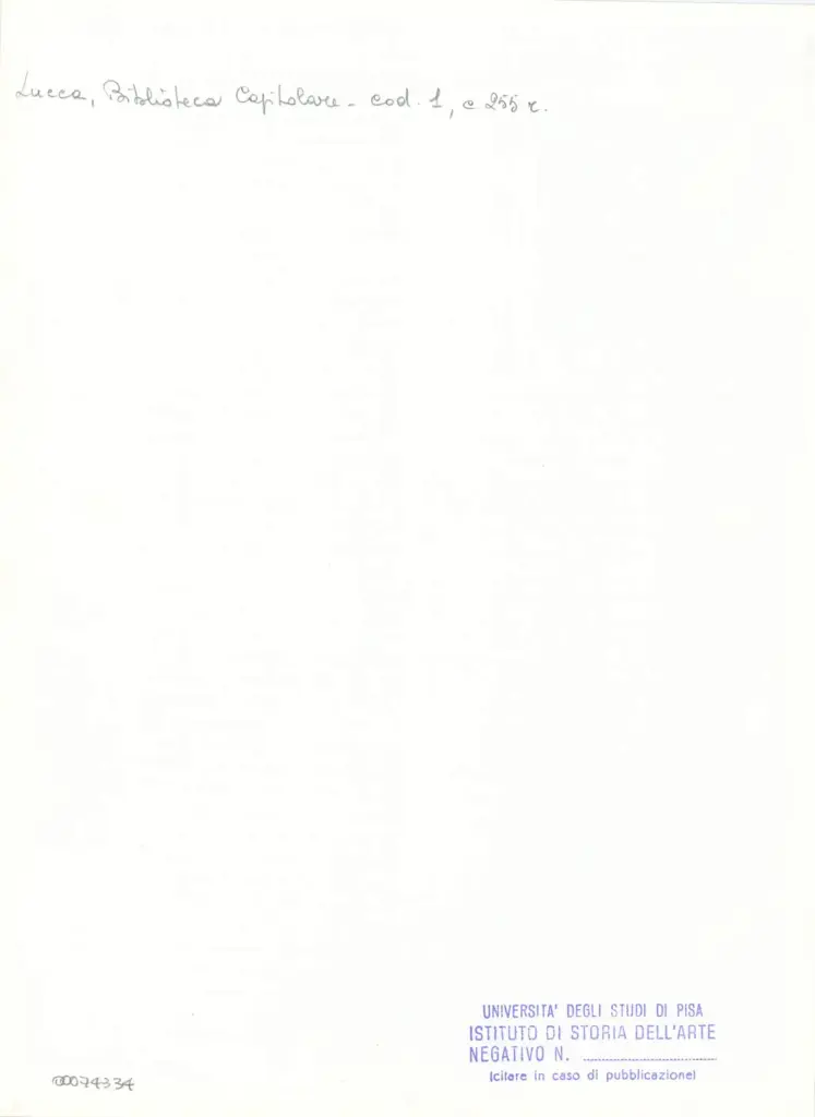 Universit&agrave; di Pisa. Dipartimento di Storia delle Arti , Marco di Berlinghiero - sec. XIII, met&agrave; - Lucca, Biblioteca Capitolare Feliniana, Ms. 1, f. 257r, intero , retro