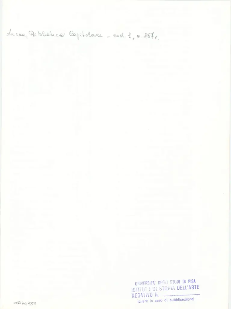 Universit&agrave; di Pisa. Dipartimento di Storia delle Arti , Marco di Berlinghiero - sec. XIII, met&agrave; - Lucca, Biblioteca Capitolare Feliniana, Ms. 1, f. 259v, intero , retro