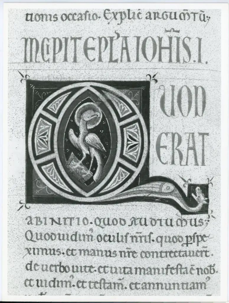 Marco di Berlinghiero , Iniziale Q, Iniziale abitata, Motivi decorativi geometrici, Motivo decorativo zoomorfo, Simbolo di san Giovanni Evangelista: aquila