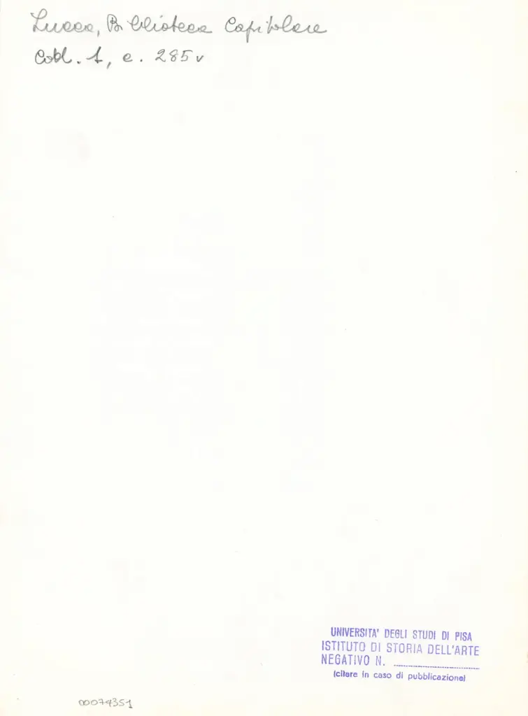 Universit&agrave; di Pisa. Dipartimento di Storia delle Arti , Marco di Berlinghiero - sec. XIII, met&agrave; - Lucca, Biblioteca Capitolare Feliniana, Ms. 1, f. 287, f. 287v, particolare , retro