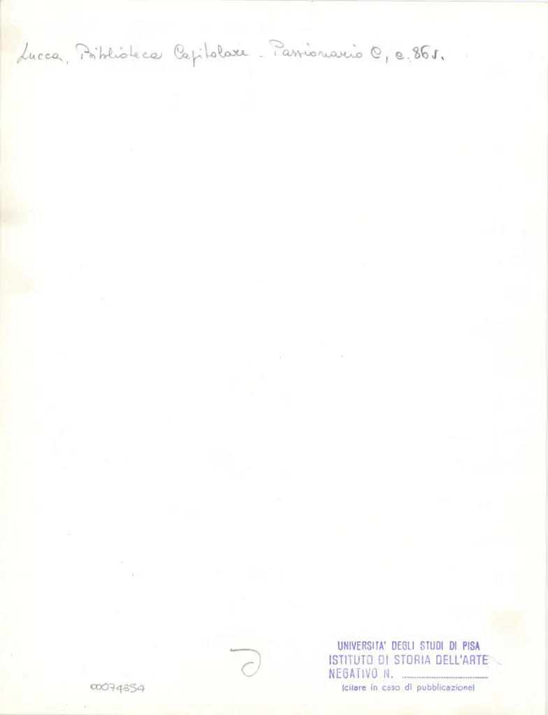 Universit&agrave; di Pisa. Dipartimento di Storia delle Arti , Anonimo italiano - sec. XI, ultimo quarto - Lucca, Biblioteca Capitolare Feliniana, Ms. Passionario C, f. 72v, particolare , retro