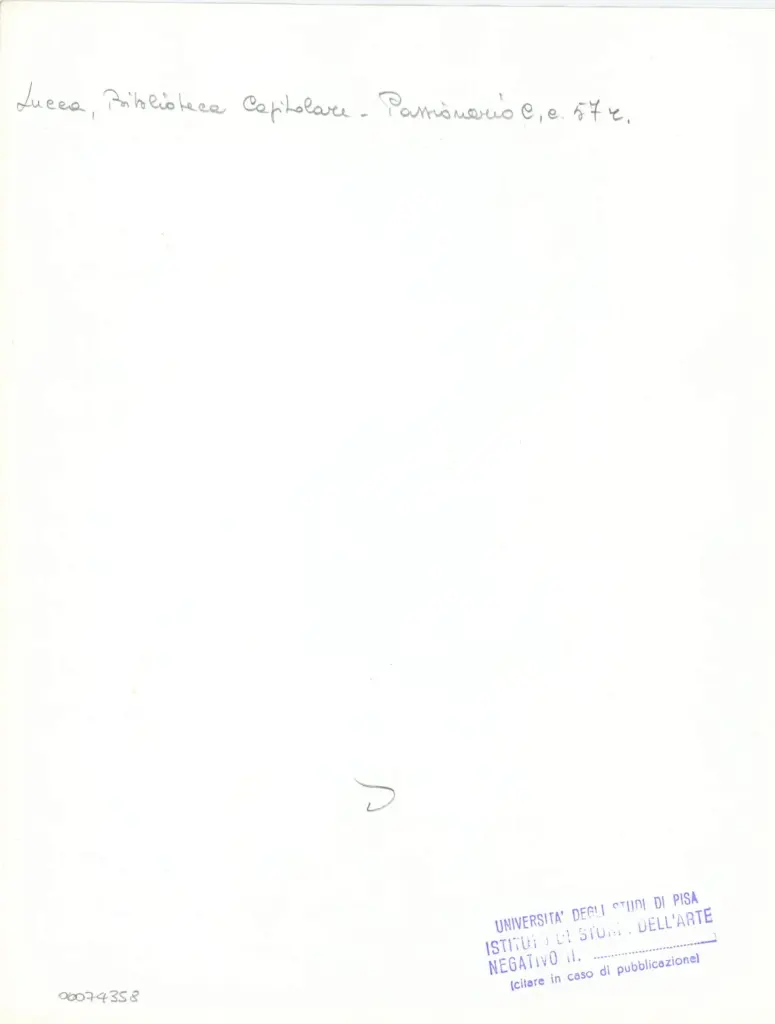 Università di Pisa. Dipartimento di Storia delle Arti , Anonimo italiano - sec. XI, ultimo quarto - Lucca, Biblioteca Capitolare Feliniana, Ms. Passionario C, f. 43r, particolare , retro