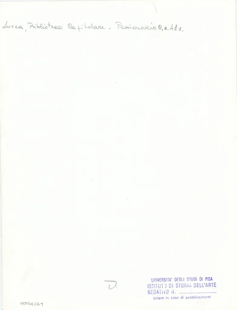 Universit&agrave; di Pisa. Dipartimento di Storia delle Arti , Anonimo italiano - sec. XI, ultimo quarto - Lucca, Biblioteca Capitolare Feliniana, Ms. Passionario C, f. 41v, particolare , retro