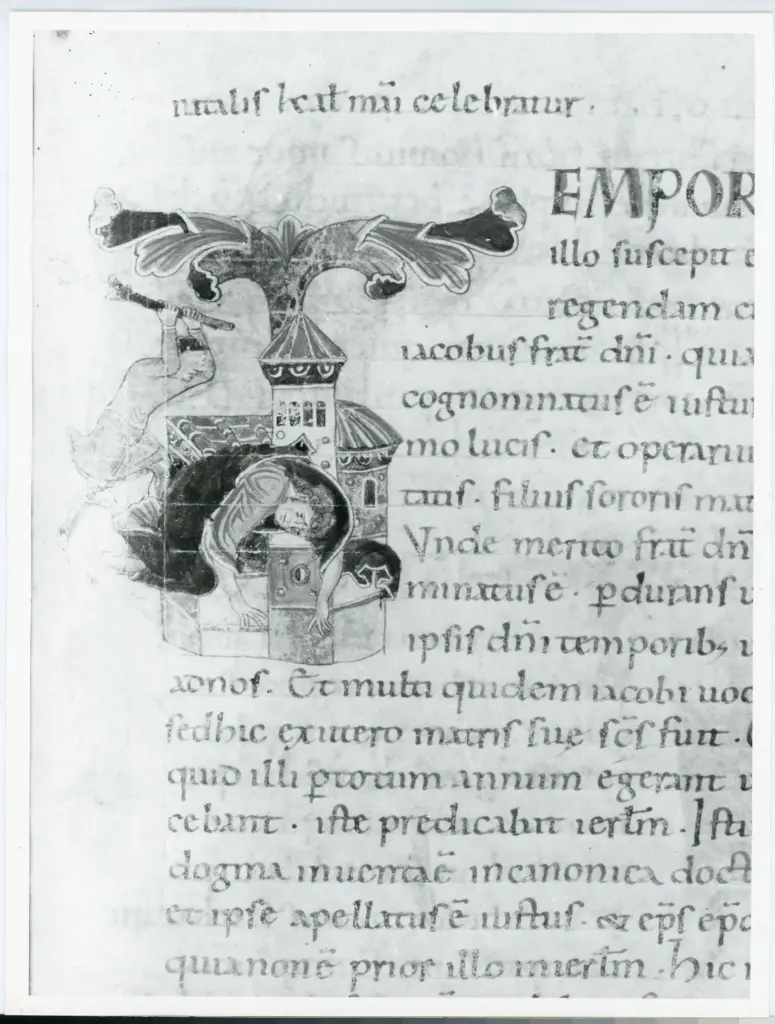 Universit&agrave; di Pisa. Dipartimento di Storia delle Arti , Anonimo italiano - sec. XI, ultimo quarto - Lucca, Biblioteca Capitolare Feliniana, Ms. Passionario C, f. 128r, particolare , fronte