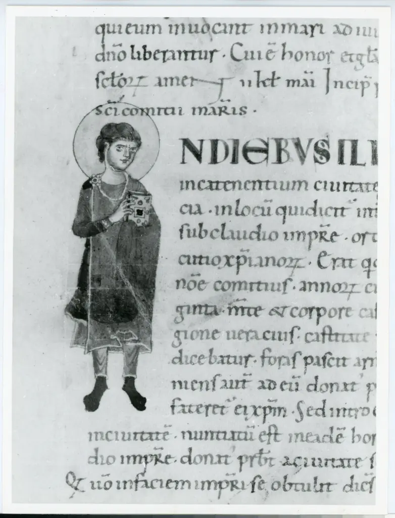 Anonimo italiano sec. XI , Iniziale I, Iniziale figurata, Santo martire