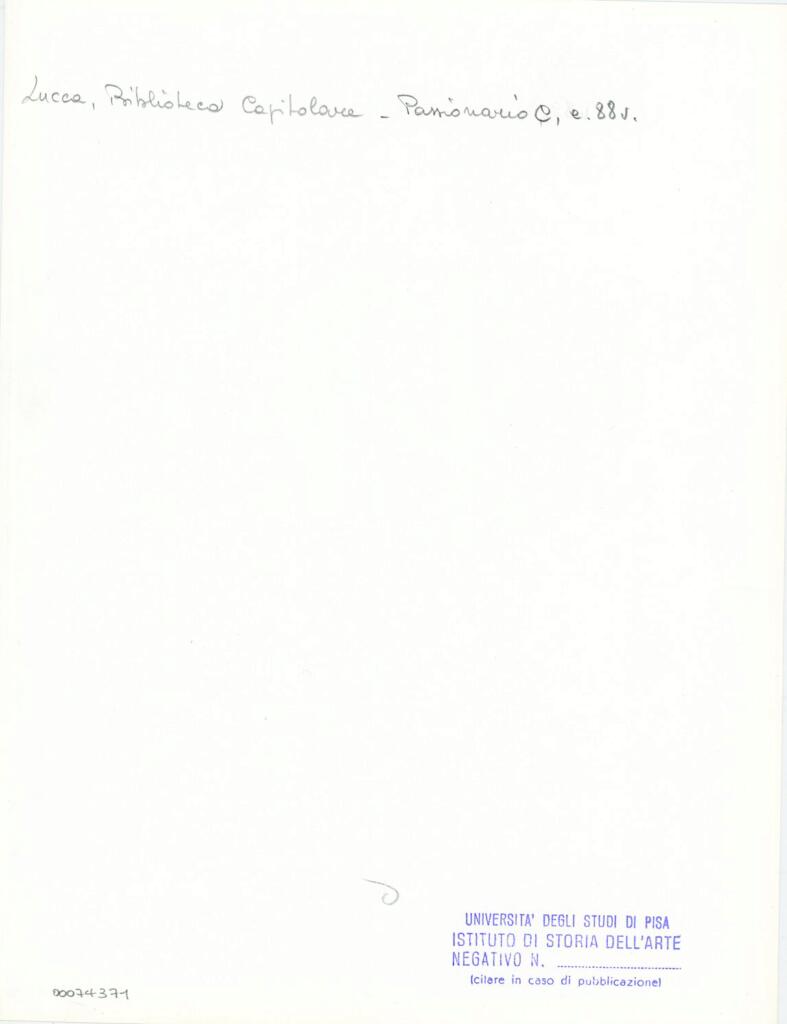 Università di Pisa. Dipartimento di Storia delle Arti , Anonimo italiano - sec. XI, ultimo quarto - Lucca, Biblioteca Capitolare Feliniana, Ms. Passionario C, f. 74r, particolare , retro