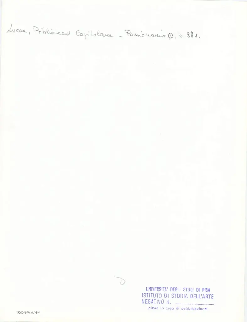 Universit&agrave; di Pisa. Dipartimento di Storia delle Arti , Anonimo italiano - sec. XI, ultimo quarto - Lucca, Biblioteca Capitolare Feliniana, Ms. Passionario C, f. 74r, particolare , retro