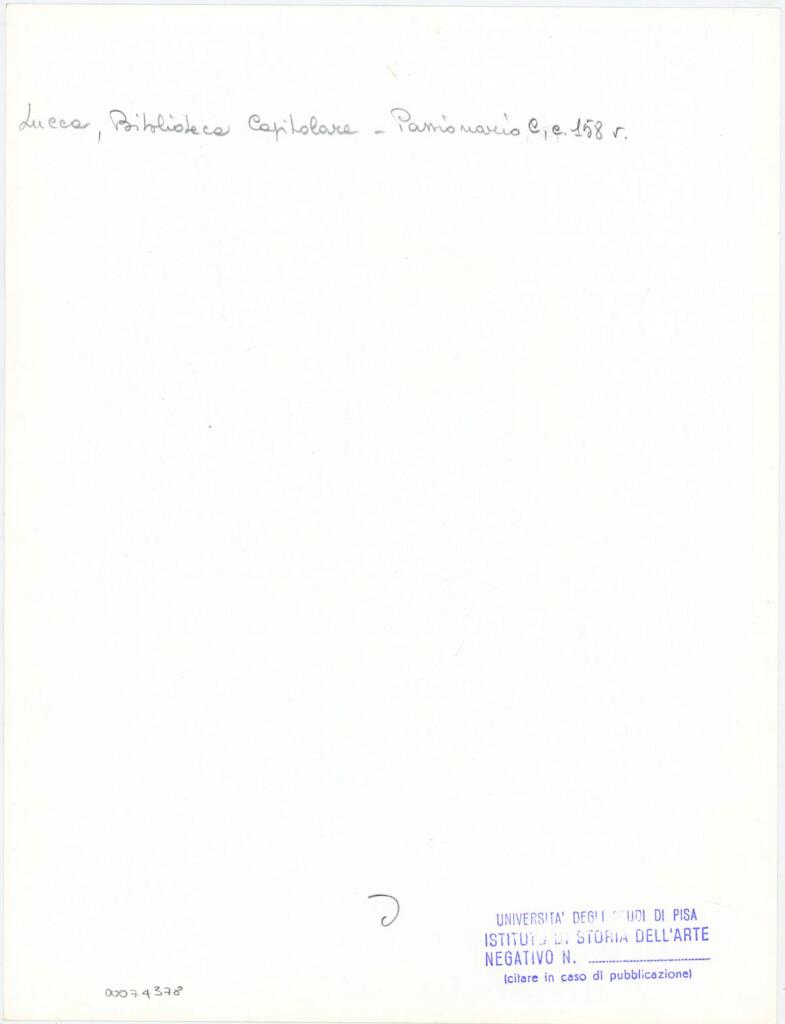 Università di Pisa. Dipartimento di Storia delle Arti , Anonimo italiano - sec. XI, ultimo quarto - Lucca, Biblioteca Capitolare Feliniana, Ms. Passionario C, f. 144v, particolare , retro