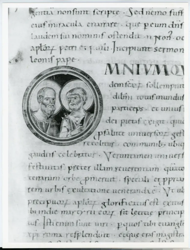 Anonimo italiano sec. XI , Iniziale O, Iniziale istoriata, San Pietro e san Paolo