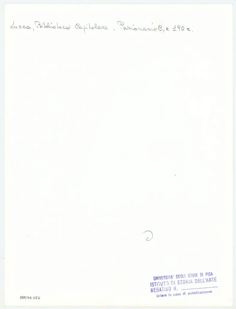 Universit&agrave; di Pisa. Dipartimento di Storia delle Arti , Anonimo italiano - sec. XI, ultimo quarto - Lucca, Biblioteca Capitolare Feliniana, Ms. Passionario C, f. 176r, particolare , retro