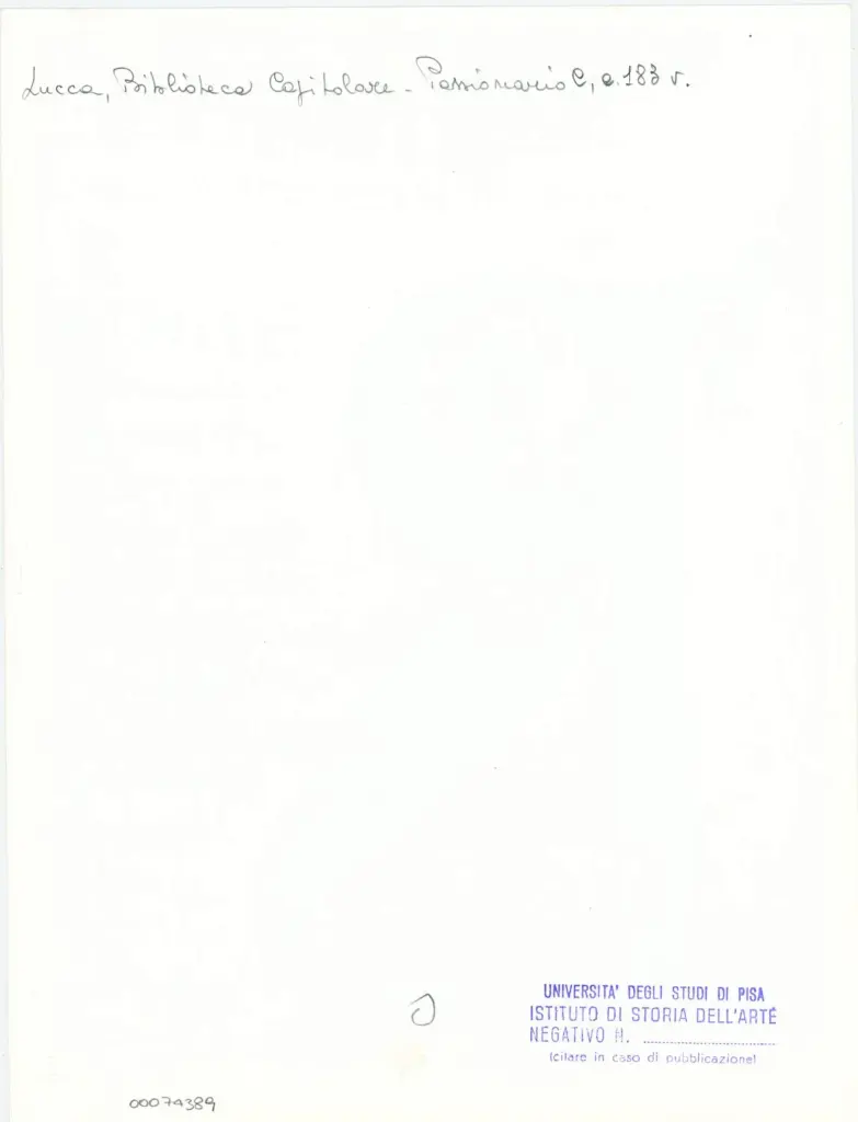 Universit&agrave; di Pisa. Dipartimento di Storia delle Arti , Anonimo italiano - sec. XI, ultimo quarto - Lucca, Biblioteca Capitolare Feliniana, Ms. Passionario C, f. 169r, particolare , retro