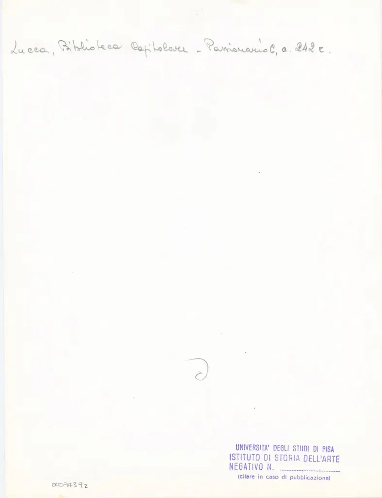 Università di Pisa. Dipartimento di Storia delle Arti , Anonimo italiano - sec. XI, ultimo quarto - Lucca, Biblioteca Capitolare Feliniana, Ms. Passionario C, f. 220r, particolare , retro